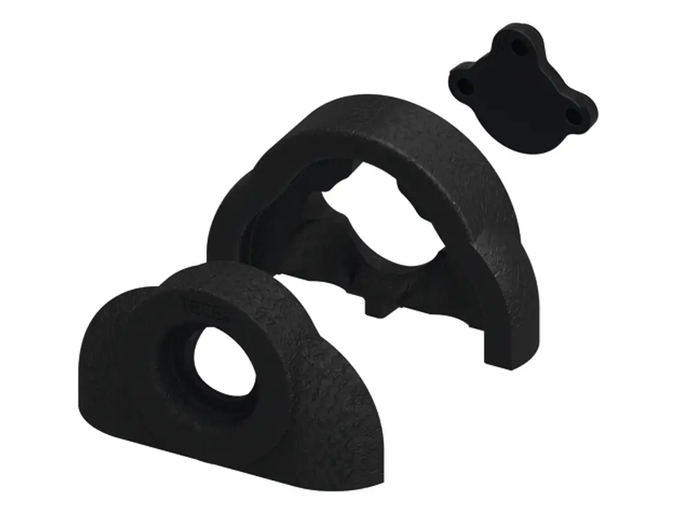 Zwei schwarze Schalldämmboxen von TECE, eine mit offenem Innenbereich und eine flache Abdeckung, zur Dämmung von U-Doppelwandscheiben.